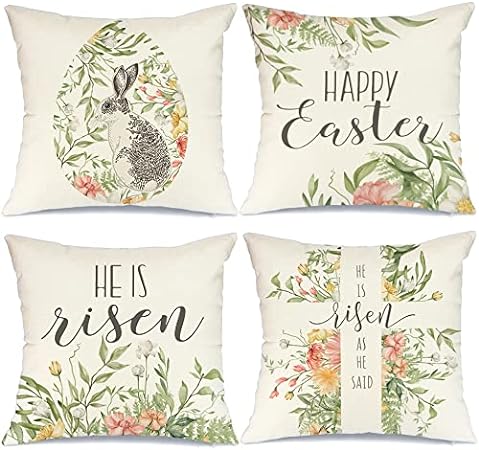 Photo 1 of Easter Pillow Covers 18x18 Set of 4 Easter Decorations for Home He is Risen Floral Pillows Bunny Easter Decorative Throw Pillows Spring Easter Farmhouse Decor GA475-18
