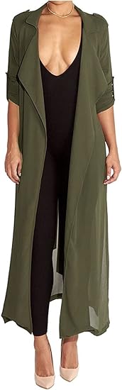 Photo 2 of Medium Army Green Begonia.K Women's Long Sleeve Chiffon Lightweight Maxi Sheer Duster Cardigan
