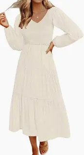 Photo 1 of Medium Beige MEROKEETY Women's 2024 Casual Long Sleeve Smocked Dress V Neck High Waist Ruffle Tiered Midi Dresses
