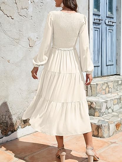 Photo 2 of Medium Beige MEROKEETY Women's 2024 Casual Long Sleeve Smocked Dress V Neck High Waist Ruffle Tiered Midi Dresses
