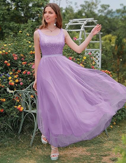 Photo 2 of Small Long Lavender BeryLove Sequin Dress for Woman Vintage A Line Wedding Formal Swing Mesh Dress Sleeveless Cocktail Maxi Gowns
