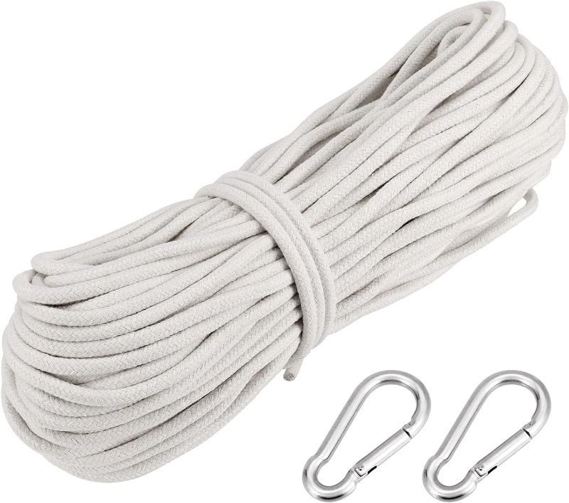 Photo 1 of 3 pcs 1/4 Inch Natural White Cotton Rope, 328 Ft Cotton Clothesline with 2 Snap Hooks, All Purpose Braided Cotton Rope for Clothes Hanger Garden Flower, Craft Knitting Thread String
