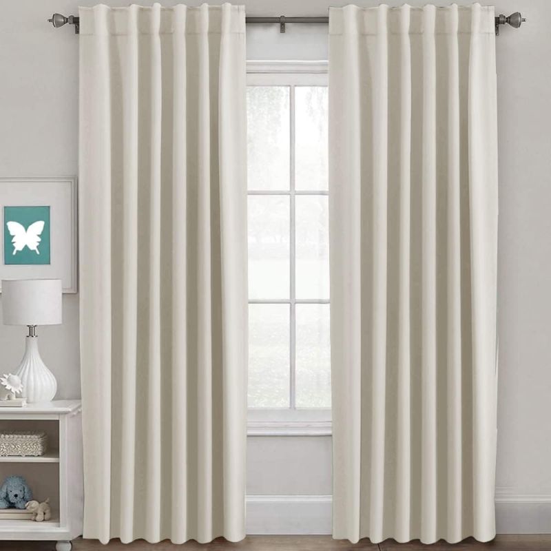 Photo 1 of 2 Cream Long Panels Black Out Drapes for Bedroom or Living Room, Back Tab and Rod Pocket Top, Set of Two, Ivory, 52" Wide and 108" Length.
