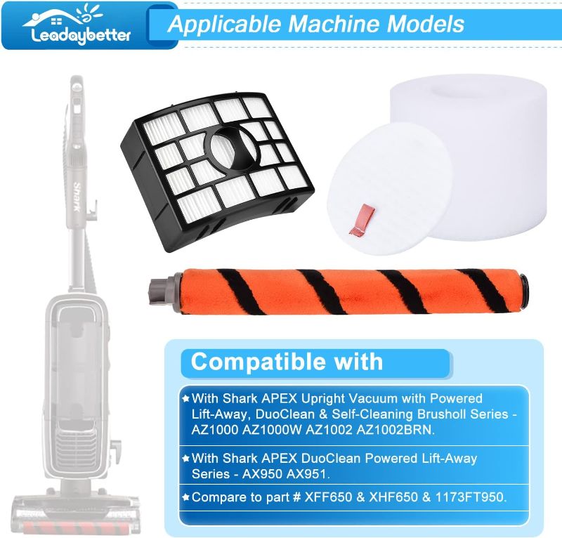 Photo 2 of Leadaybetter Filter Replacement for Shark APEX DuoClean Lift-Away AX950 AX951 AZ1002 AZ1000 AZ1000W, 2 HEPA Filters, 4 Foam & Felt Filters, 1 Brush Roll, Compare to Part # XFF650 & XHF650 & 1173FT950
