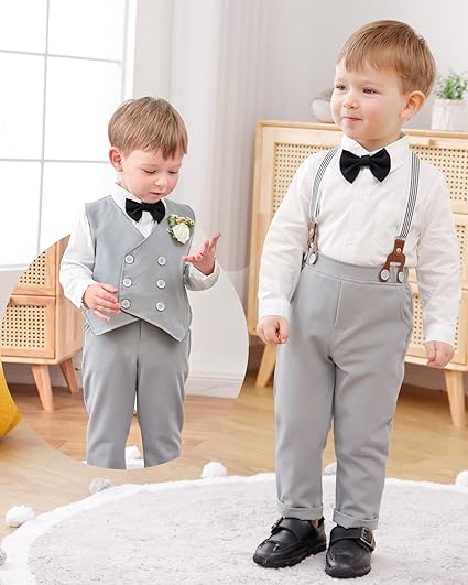 Photo 3 of 12-18 months V Grey YALLET Toddler Baby Boy Clothes Suit Gentleman Wedding Outfits, Formal Dress Shirt+Bowtie+Vest+Boutonniere+Suspender Pants
