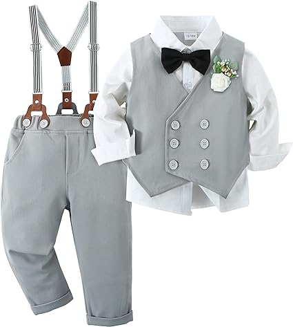 Photo 1 of 12-18 months V Grey YALLET Toddler Baby Boy Clothes Suit Gentleman Wedding Outfits, Formal Dress Shirt+Bowtie+Vest+Boutonniere+Suspender Pants
