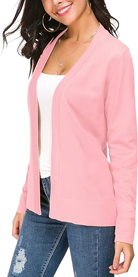 Photo 2 of Medium Pink Women's Knit Cardigan Open Front Sweater Coat Long Sleeve
