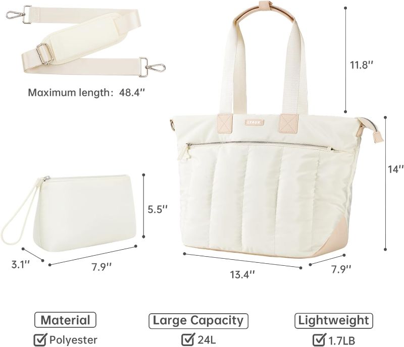 Photo 2 of 3pcs Tote Bag with Women, Puffer Tote Bag with Laptop Compartment, Laptop Tote Bag for Women with Zipper, Large Tote Bag Purse Shoulder Bag for Travel Work Gym Overnights Weekend Trips, Beige
