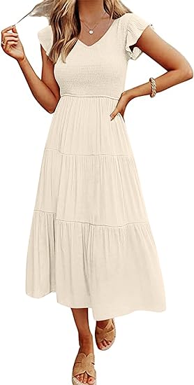 Photo 2 of XL Beige MEROKEETY Women's Flutter Sleeve Smocked Midi Dress V Neck Casual Tiered Dresses with Pockets
