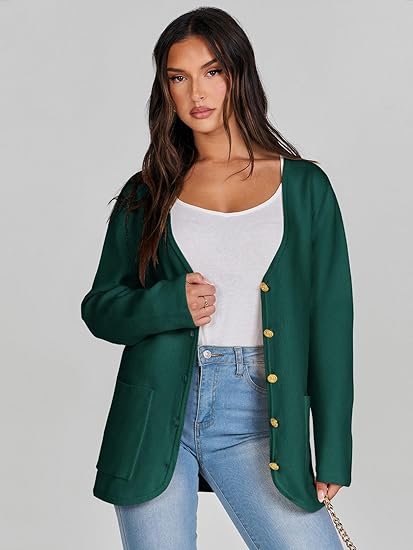 Photo 1 of Medium Dark Green Women Sweater Blazer Long Sleeve Button Down Knit Cardigan Coat 2024 Casual Dressy Outfits Fall Clothes Outwear
