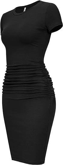 Photo 1 of XS Black Laughido Women's Short Sleeve Ruched Sundress Knee Length Casual Bodycon T Shirt Dress
