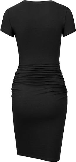 Photo 1 of XS Black Laughido Women's Short Sleeve Ruched Sundress Knee Length Casual Bodycon T Shirt Dress
