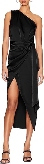 Photo 1 of Medium lack Merokeety  Women's Dress Satin One Shoulder Ruched Formal Midi Dress Sleeveless Bodycon Knot Belted Wrap Cocktail Dress with Slit
