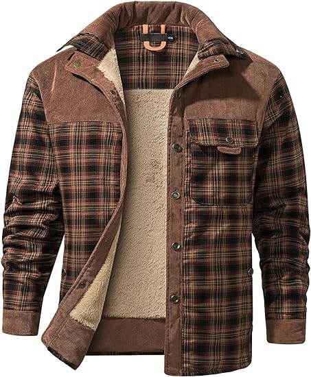 Photo 1 of XL Red Coffee Men Outdoor Jacket Casual Fleece Sherpa Lined Flannel Plaid Button Down Shirt
