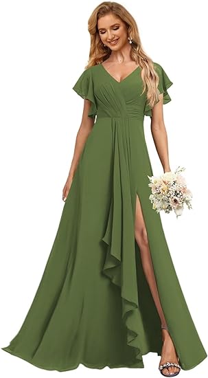Photo 1 of XL olive Green Women's V-Neck Chiffon Bridesmaid Dresses with Sleeves Ruffle A-line Long Split Formal Evening Gown with Pockets 
