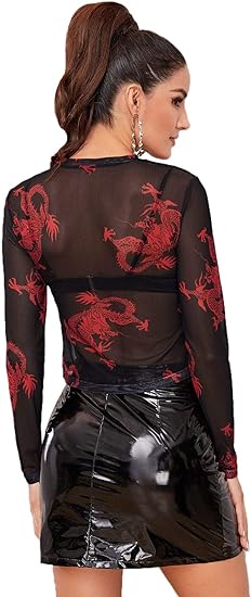 Photo 1 of XXL SweatyRocks Women's Long Sleeve Mock Neck Angel Print Sexy Sheer Mesh Crop Top
