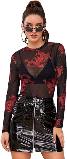 Photo 1 of XXL SweatyRocks Women's Long Sleeve Mock Neck Angel Print Sexy Sheer Mesh Crop Top
