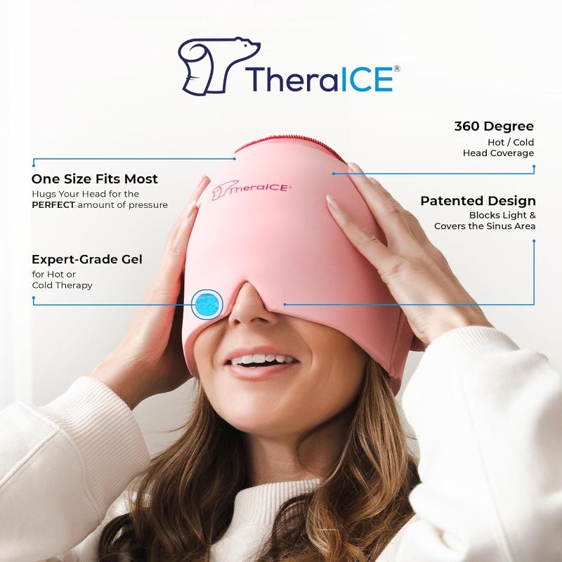 Photo 2 of 1 CAP Pink TheraICE Migraine Relief Cap, Migraine Ice Pack Mask Products, Women Cooling Gel Hat, Face Cold Compress Head Wrap for Her Stress. Great Birthday Gift for Mom, Sister, Grandma, Girlfriend, & Teacher
