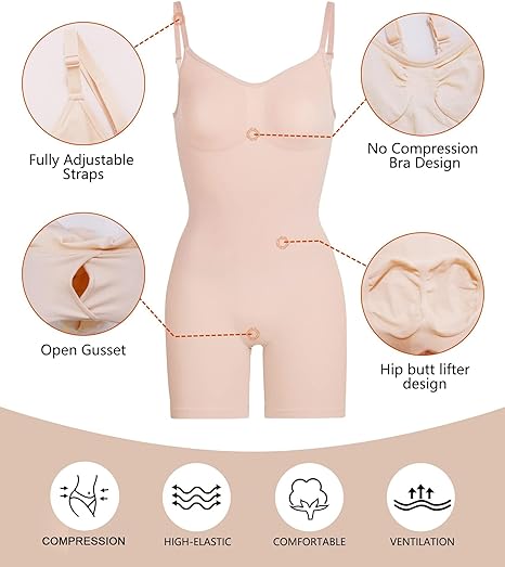 Photo 2 of S-M Beige Mid thigh SHAPERX Women's Shapewear Bodysuit Tummy Control Body Shaper Seamless Sculpting Snatched Waist Body Suit
