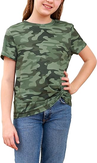 Photo 2 of Medium Dark Green Adult Women simtuor Camouflage Short Sleeve Shirts Casual Camo Crewneck Loose Soft Tunic
