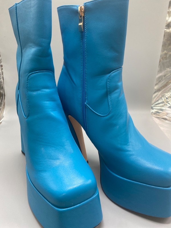 Photo 4 of Size 10 A- Blue Goiphrri Womens Chunky Heel Ankle Boots Platform Block High Square Toe Zipper Punk Combat Motorcycle Mid Calf Boots For Women
