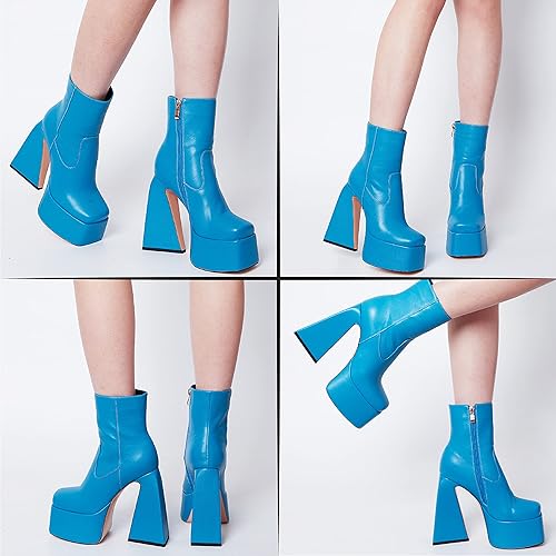 Photo 2 of Size 10 A- Blue Goiphrri Womens Chunky Heel Ankle Boots Platform Block High Square Toe Zipper Punk Combat Motorcycle Mid Calf Boots For Women
