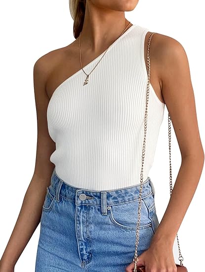 Photo 1 of Medium White ZESICA Women's One Shoulder Tank Summer Sleeveless T Shirt Ribbed Knit Slim Fit Sexy Casual Basic Tee Tops

