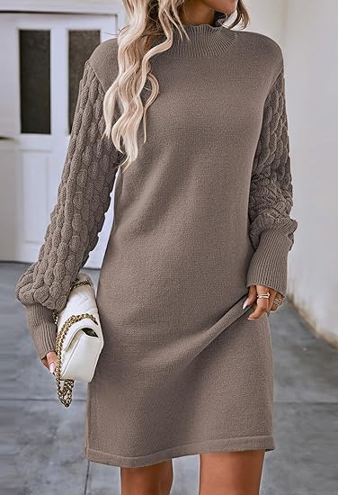 Photo 1 of XL Drown Women's 2023 Fall Long Sleeve Mock Neck Sweater Dress Casual Loose Ribbed Knit Mini Short Pullover Dresses

