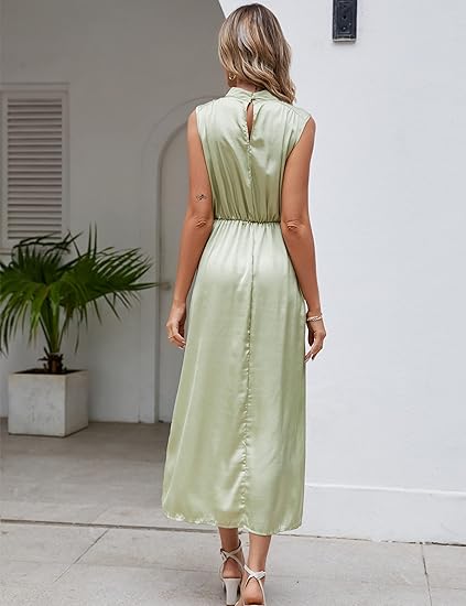 Photo 2 of Large Mint Green Women Sleeveless Cocktail Dress Mock Neck Elastic Waist Party Wedding Guest Satin High Split Maxi Dress
