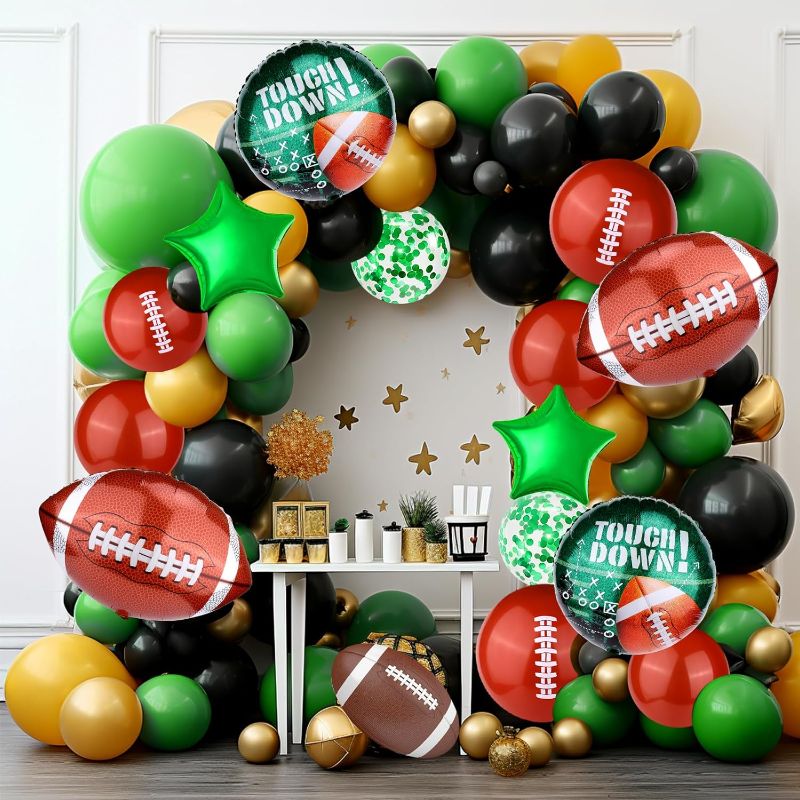 Photo 1 of 106 Pcs Football Confetti Balloons, Huge Green Star Football Aluminum Foil Balloons Gold Brown Helium Latex Balloons for Birthday, Football Sports Party, Super Bowl Party Decorations Supplies
