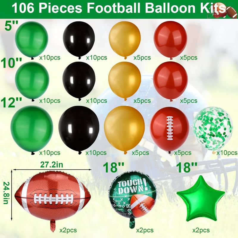 Photo 2 of 106 Pcs Football Confetti Balloons, Huge Green Star Football Aluminum Foil Balloons Gold Brown Helium Latex Balloons for Birthday, Football Sports Party, Super Bowl Party Decorations Supplies
