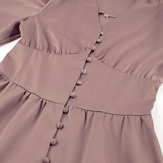 Photo 2 of Medium Brown Womens Satin Long Sleeve Casual Button Up Dress V Neck Ruffle A Line Maxi Dress
