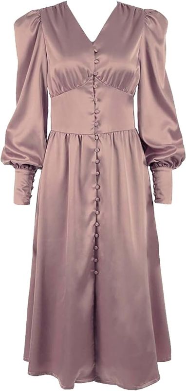 Photo 1 of Medium Brown Womens Satin Long Sleeve Casual Button Up Dress V Neck Ruffle A Line Maxi Dress
