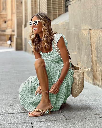 Photo 1 of Small Plaid YESNO Women Summer Ruffled Off Shoulder Maxi Dress Smocked Floral Printed Casual Dress with Pockets E17
