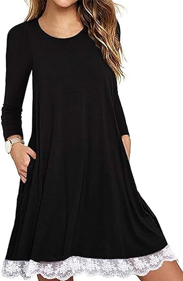 Photo 1 of Large Halife Women's Casual Long Sleeve Lace Hem T-Shirt Loose Dress with Pockets
