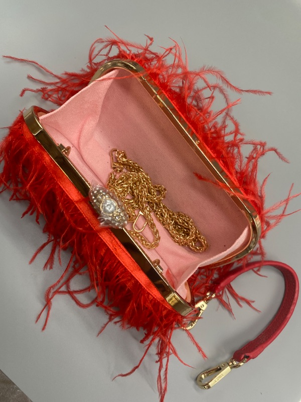 Photo 3 of Coral Women Feather Clutch Purse Shoulder Crossbody Bag Evening Handbags
