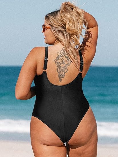 Photo 2 of 3XL Black CUPSHE Women Plus Size One Piece Swimsuit V Neck Mesh Sheer Tummy Control Bathing Suit with Adjustable Wide Straps
