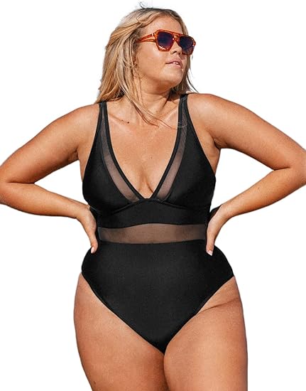 Photo 1 of 3XL Black CUPSHE Women Plus Size One Piece Swimsuit V Neck Mesh Sheer Tummy Control Bathing Suit with Adjustable Wide Straps
