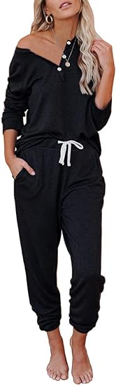 Photo 1 of 2XL Black AUTOMET Womens 2 Piece Outfits Pajamas Sets Summer Lounge Sets Loungewear Sweatsuits with Sweatpants

