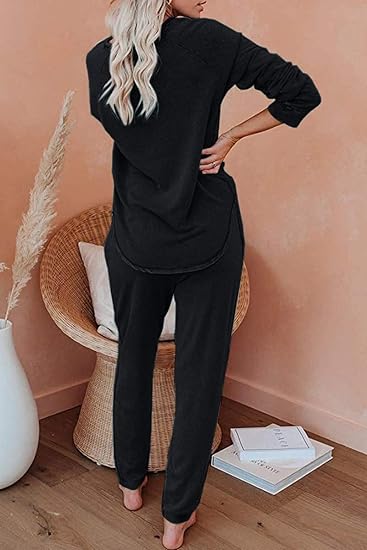 Photo 2 of 2XL Black AUTOMET Womens 2 Piece Outfits Pajamas Sets Summer Lounge Sets Loungewear Sweatsuits with Sweatpants
