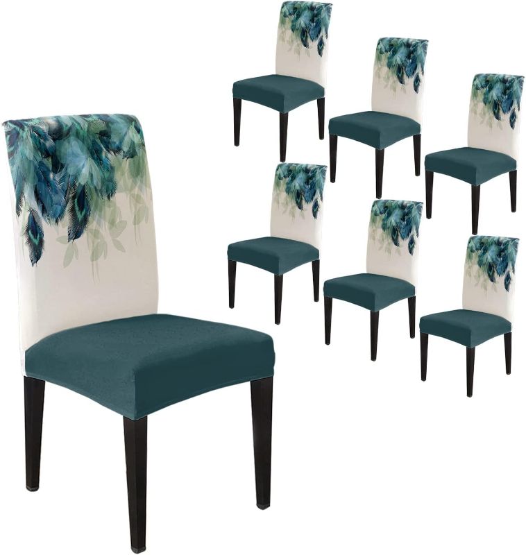Photo 1 of Set of 6 Chair Covers for Dining Room,Stretch Dining Chair Slipcover Removable Chair Protector Covers, Watercolor Peacock Feather Teal Blue Turquoise Floral Green Leaf
