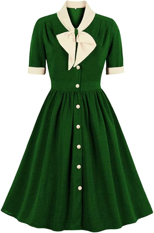 Photo 1 of Small Green  Vintage Women 1940s Bow Tie Neck Dress Retro 40s 50s Button Up Business Work A-line Cocktail Dresses
