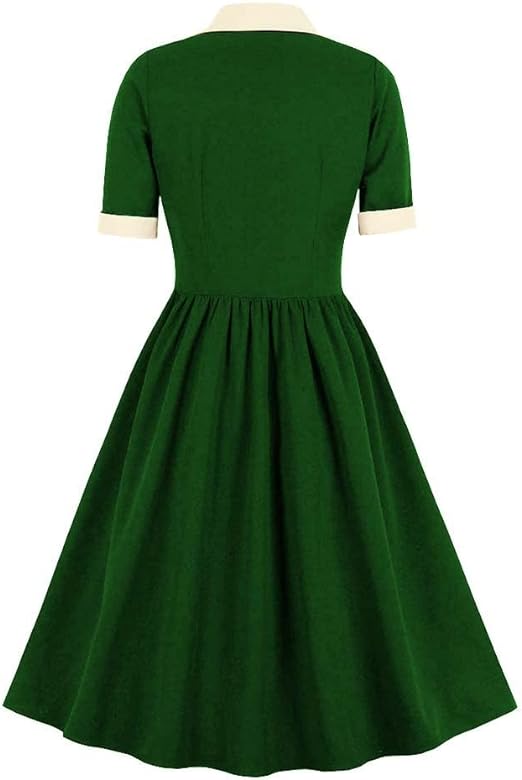 Photo 2 of Small Green  Vintage Women 1940s Bow Tie Neck Dress Retro 40s 50s Button Up Business Work A-line Cocktail Dresses
