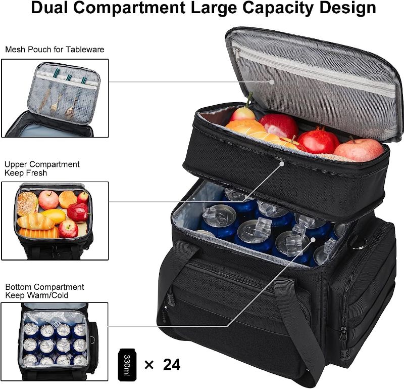 Photo 2 of Black Tactical Lunch Box for Men, Insulated Lunch Bag Adult, Thermal Lunchbox Leakproof Waterproof Cooler Bag, Large Lunch Pail for Work Office Camping Travel (Black)
