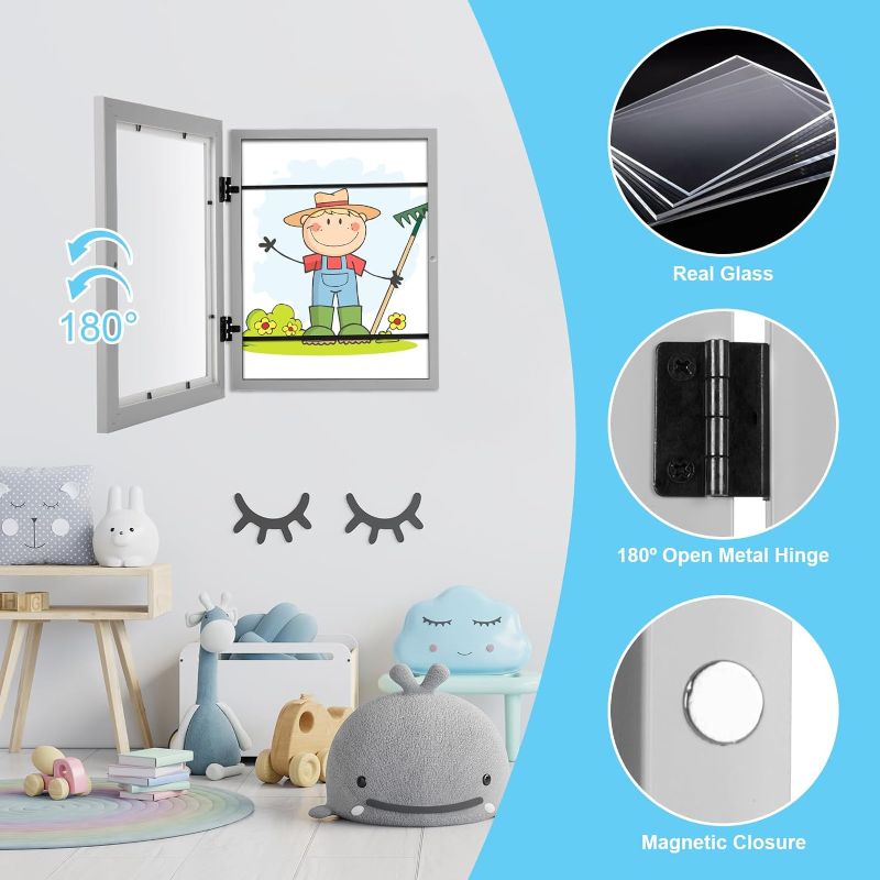 Photo 3 of [3-Pack] Kids Art Frames, 8.5x11 Front Opening Kids Artwork Frames Changeable, Gray Artwork Display Storage Frame for Wall, Holds 50 Pcs, for 3D Picture, Crafts, Children Drawing, Hanging Art,
