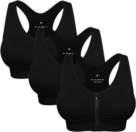 Photo 1 of Large Black Women's Zip Front Sports Bra Wireless Post-Surgery Bra Active Yoga Sports Bras
