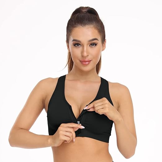 Photo 2 of Large Black Women's Zip Front Sports Bra Wireless Post-Surgery Bra Active Yoga Sports Bras
