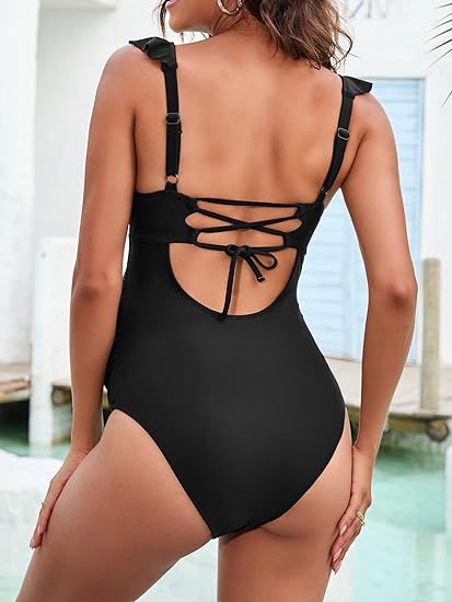 Photo 2 of Large Black CUPSHE Women Swimsuit Maternity One Piece Bathing Suit Deep V Neck Ruffle Back Tie Ruching Adjustable Straps Swimwear
