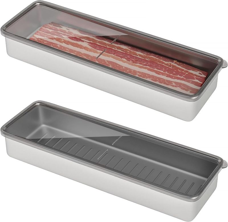 Photo 1 of 4pcs Freshmage Bacon Container for Refrigerator, 304 Stainless Steel Airtight Deli Meat Storage Containers for Fridge Dishwasher Safe Long Kitchen Food Storage Containers with Lids with Elevated Base…
