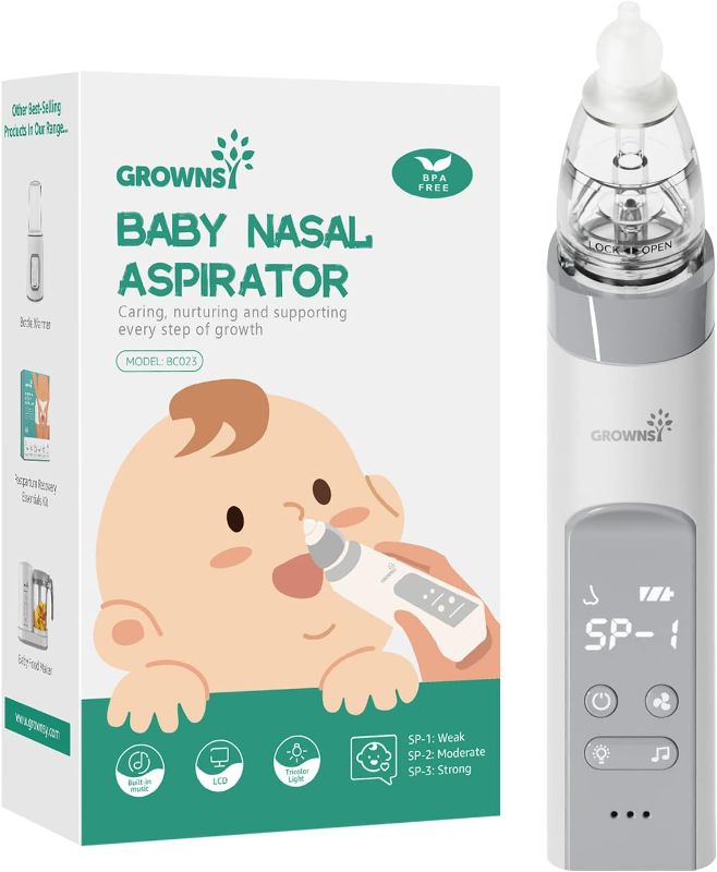 Photo 1 of GROWNSY Nasal Aspirator for Baby, Electric Nose Aspirator for Toddler, Baby Nose Sucker, Automatic Nose Cleaner with 3 Silicone Tips, Adjustable Suction Level, Music and Light Soothing Function
